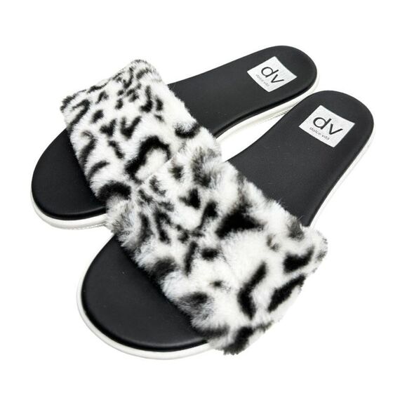 DV Dolce Vita Sandals Womens Size 8 Slippers Faux Fur Black Leopard Print Slip O - Picture 1 of 9